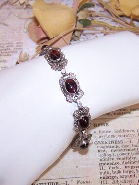 Sterling Silver Garnet Link Bracelet - 6-3/4" Length